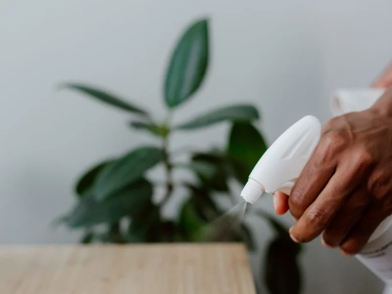 Main avec spray sur une table en bois — application solution détartrante