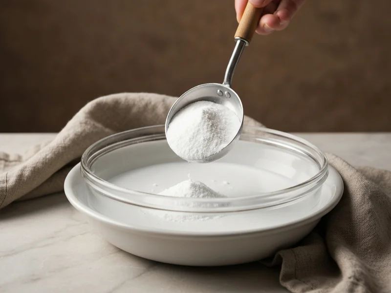 cuillère à soupe versant de la poudre blanche d’acide citrique dans une bouilloire ouverte remplie d