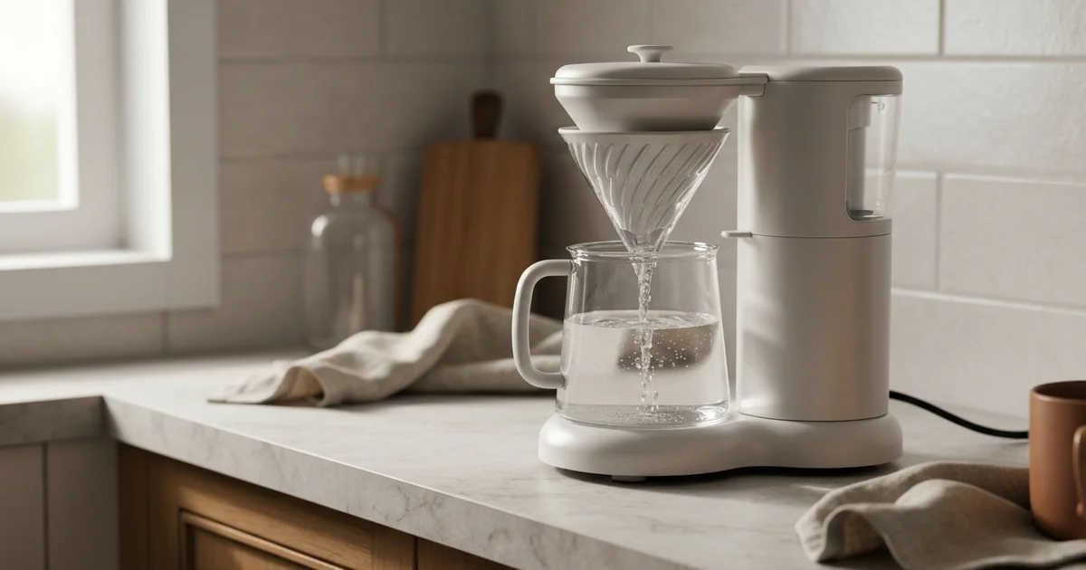 Cafetière filtre en cours de détartrage avec solution dans le réservoir