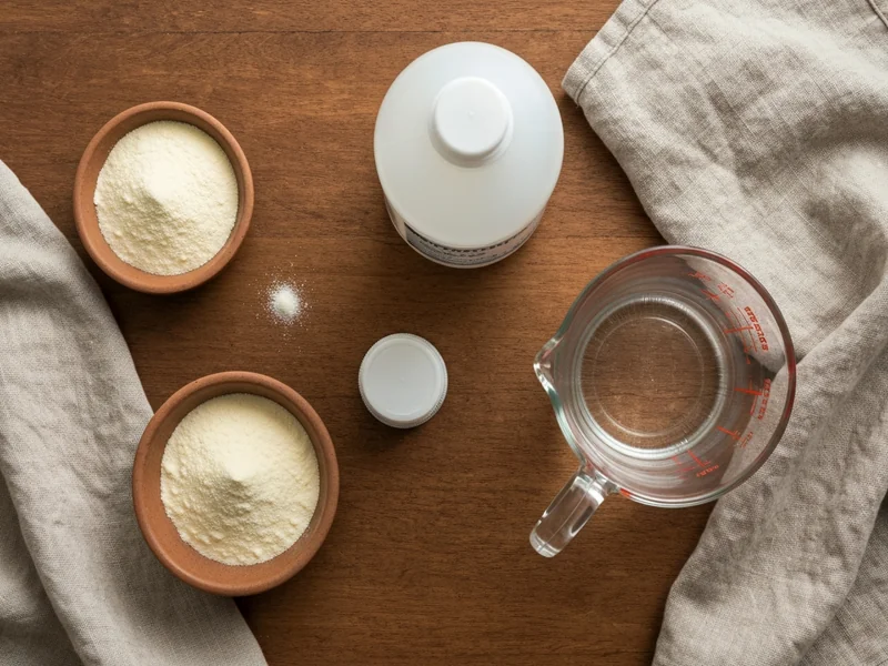 overhead flat lay of coffee maker descaling essentials on a wooden kitchen table, citric acid powder