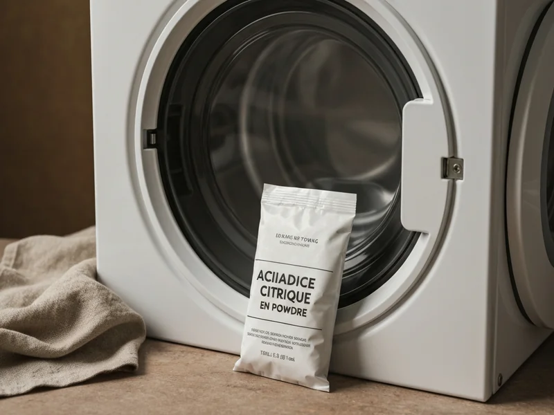 tambour ouvert d’un lave-linge avec sachet d’acide citrique en poudre posé devant, plan rapproché