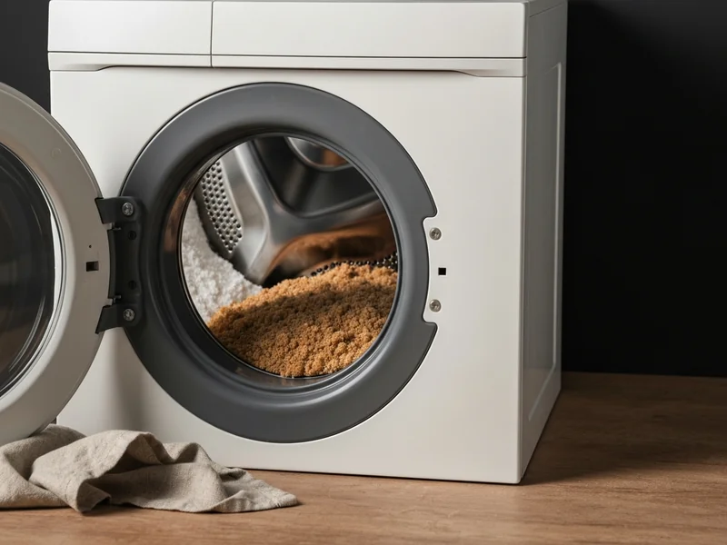bac à lessive ouvert d’un lave-linge front avec produit détartrant versé, vue du dessus