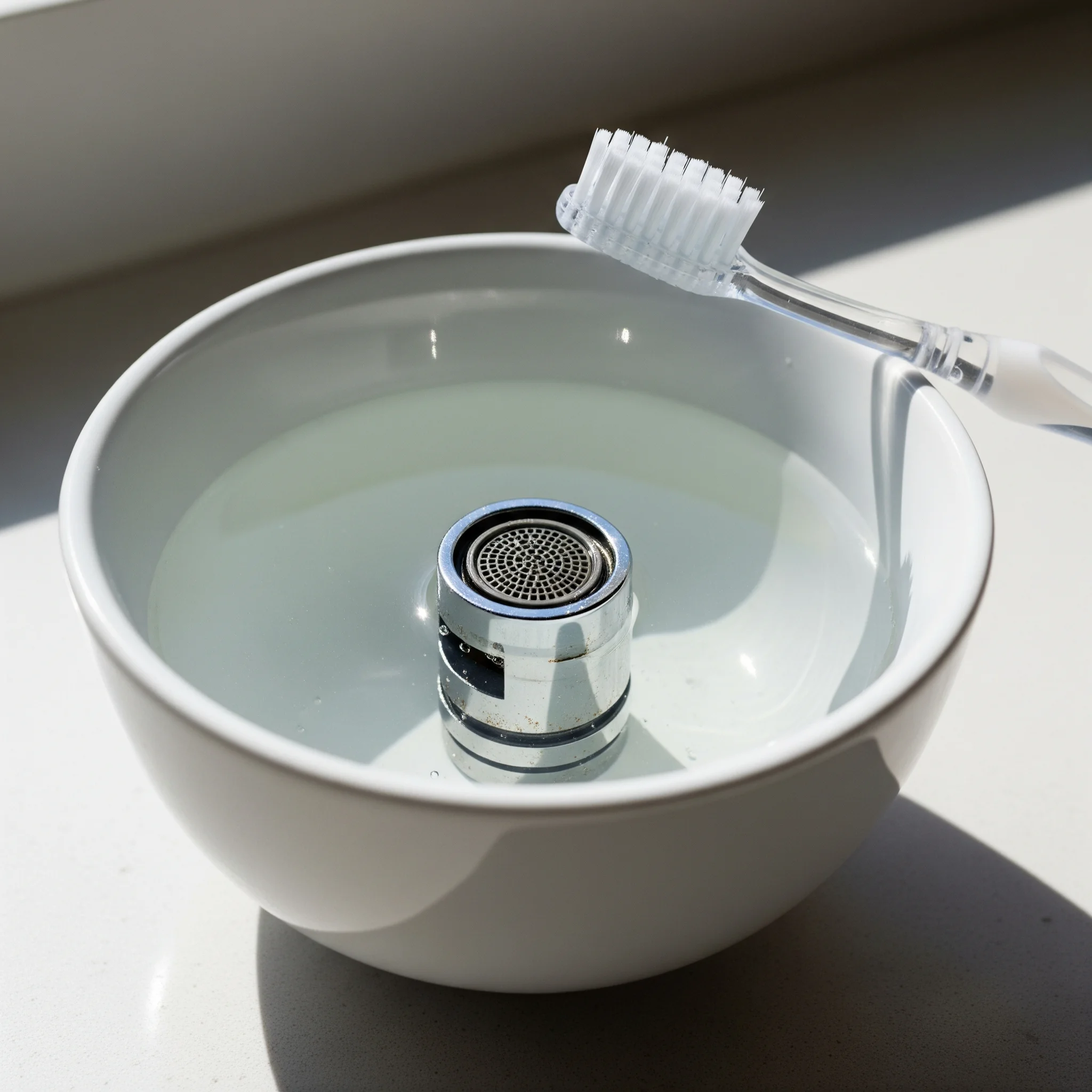 aérateur de robinet démonté posé dans un bol blanc rempli de vinaigre blanc, avec une brosse à dents