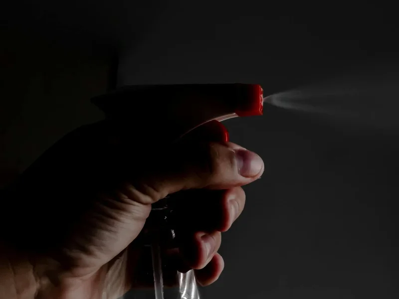 Main tenant un spray qui projette un brouillard — application anti-calcaire paroi