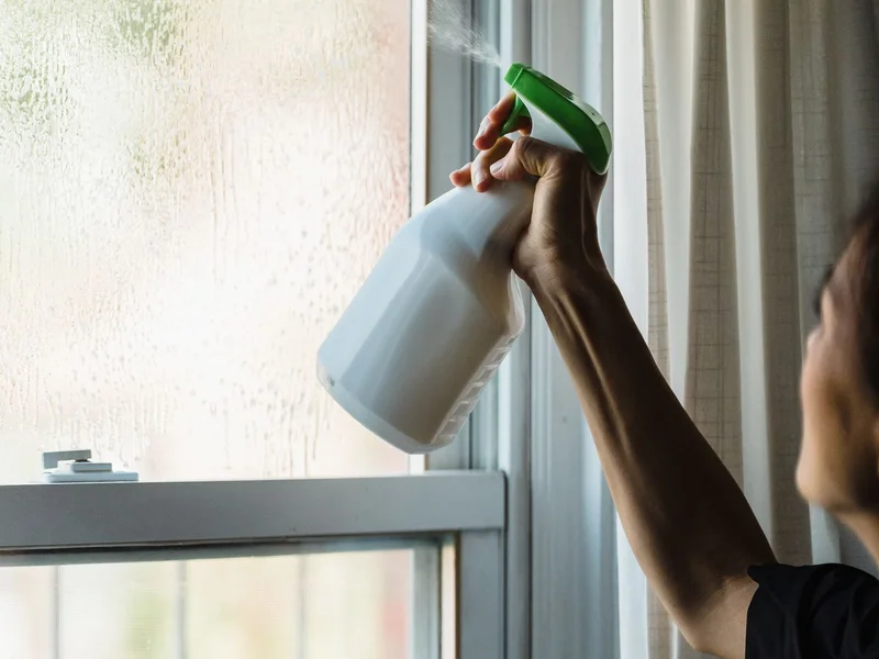 Personne nettoyant une vitre avec un spray — éliminer calcaire paroi de douche