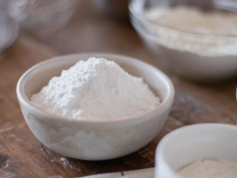 Poudre blanche d'acide citrique dans un bol de céramique blanc