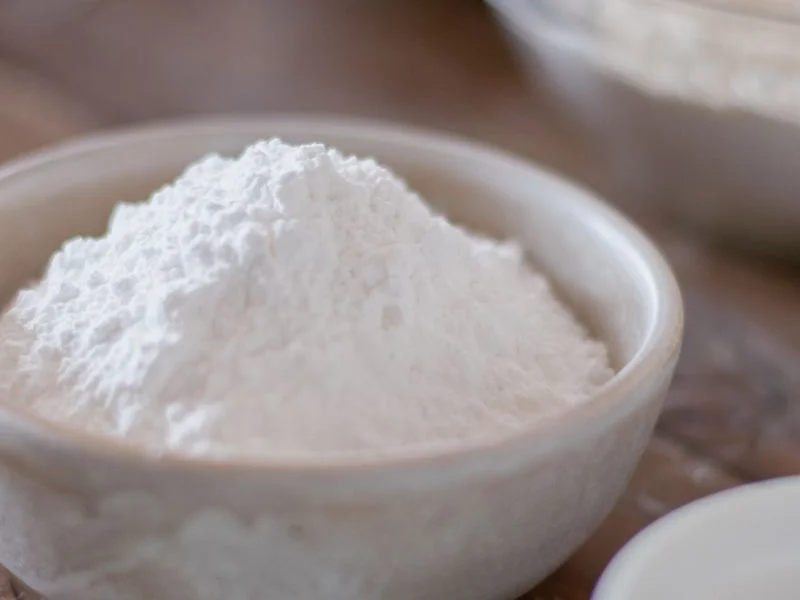 Poudre blanche d’acide citrique dans un bol blanc sur fond en bois naturel