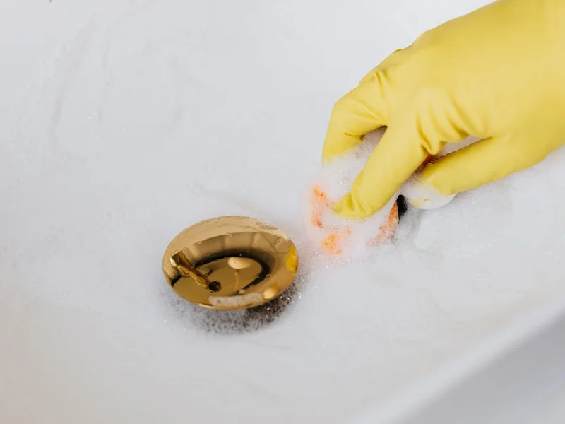 Main gantée nettoyant une bassine avec eau decoloree
