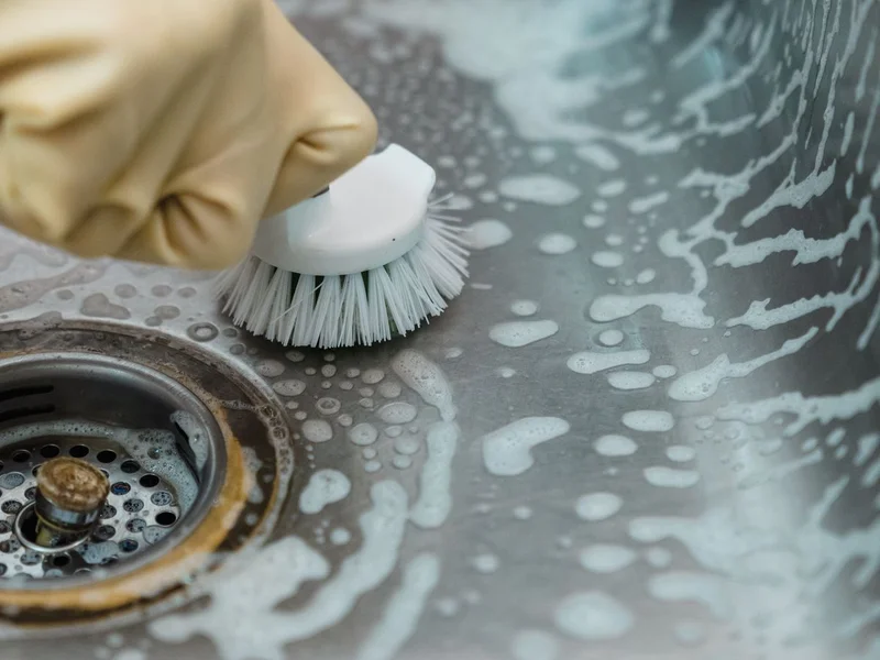 Mains gantees nettoyant avec brosse et gouttes d eau