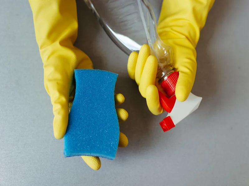 Mains gantées jaunes tenant une éponge bleue et un spray nettoyant