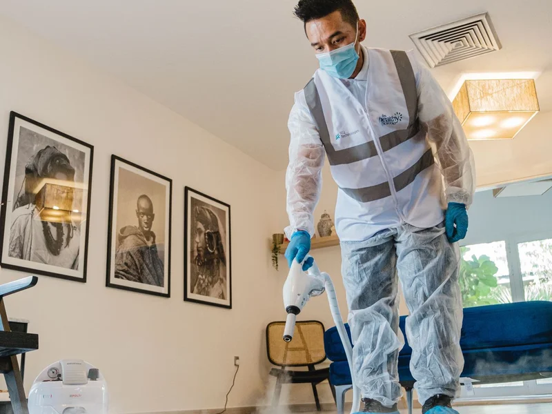 Professionnel avec équipement de protection nettoyant une moquette à la vapeur