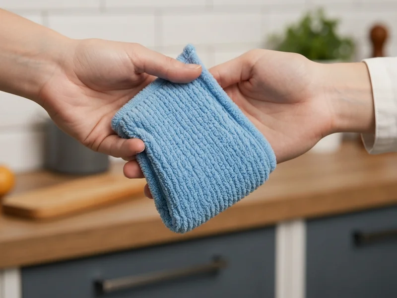 main portant un chiffon microfibre bleu foncé qui nettoie un évier inox en suivant le sens des strie