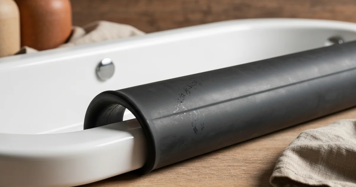 gros plan sur un joint de silicone noirci dans un angle de paroi de douche blanche, taches noires de