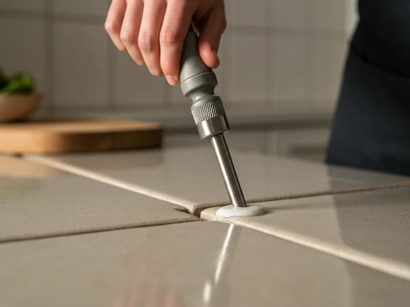 main gantée appliquant de l&rsquo;eau oxygénée au pinceau sur joints de carrelage de cuisine noircis, gros