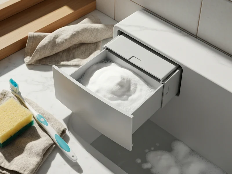 a washing machine detergent drawer removed and soaking in a sink filled with warm water and baking s